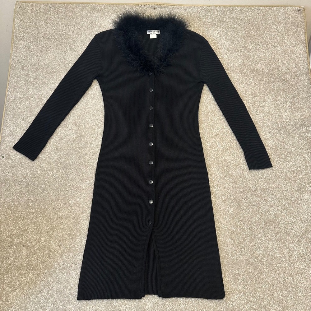 Black Long Sleeve Midi Dress with Feather Trim